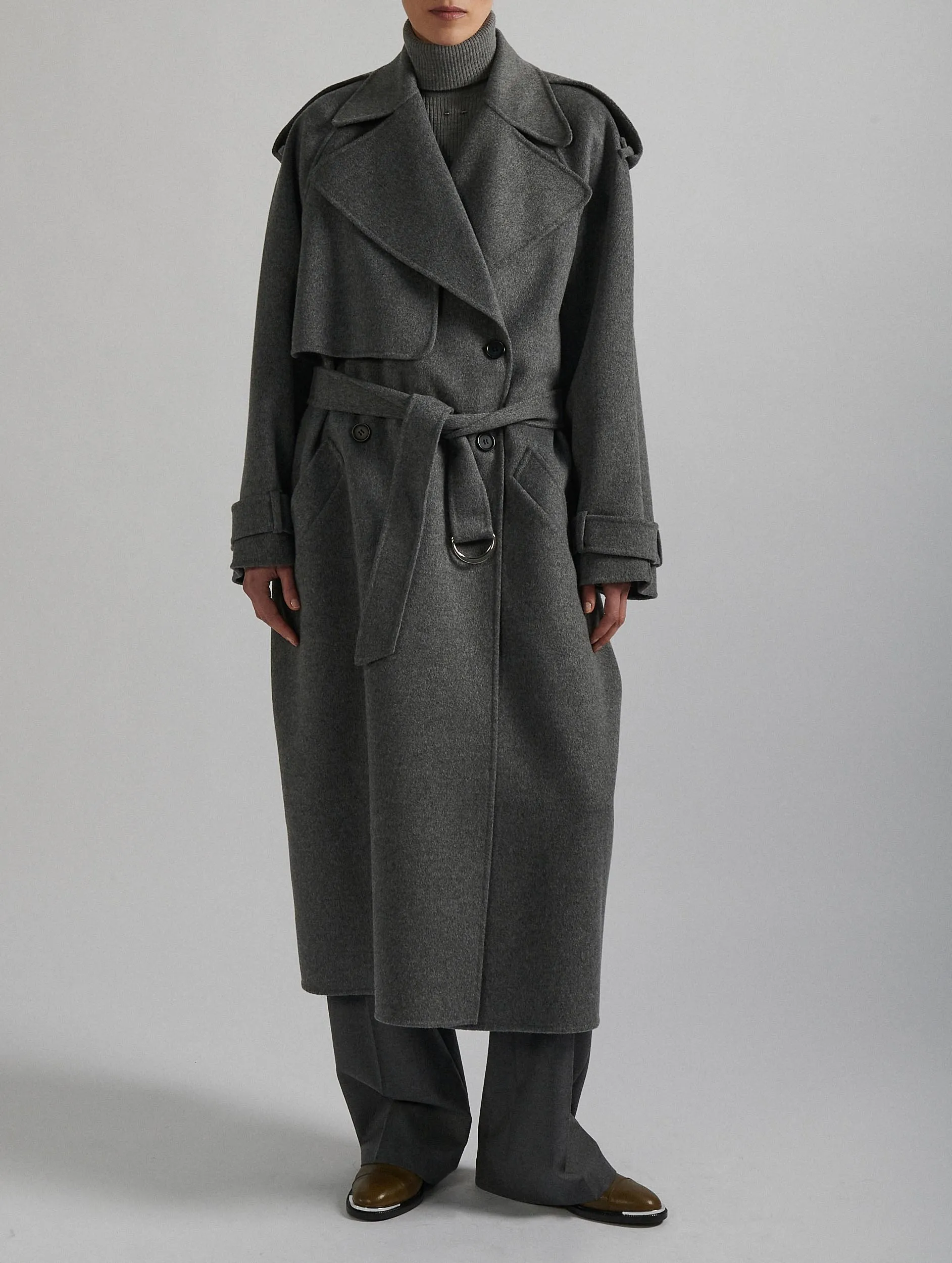 Grey double-faced wool belted coat