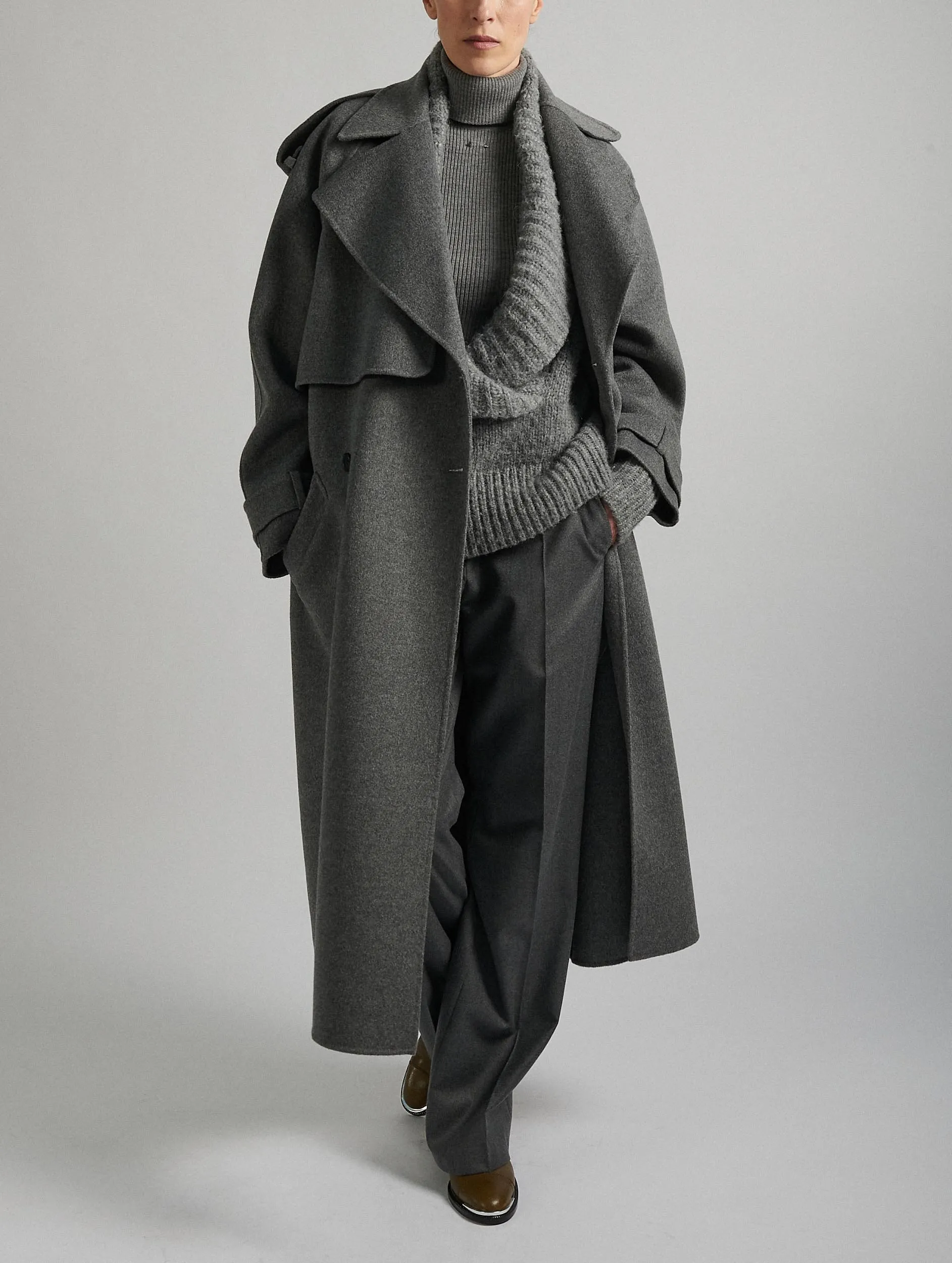 Grey double-faced wool belted coat