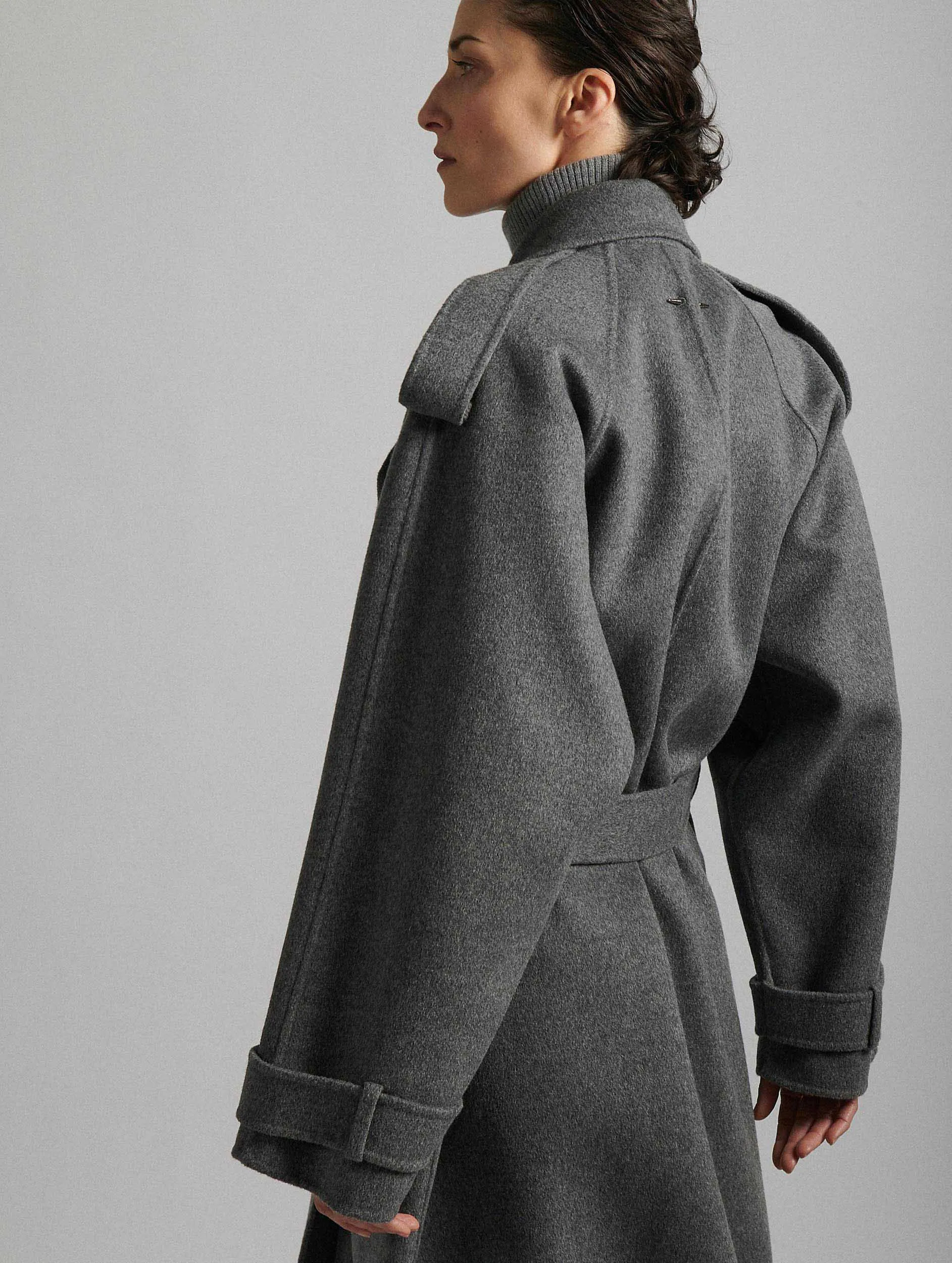 Grey double-faced wool belted coat