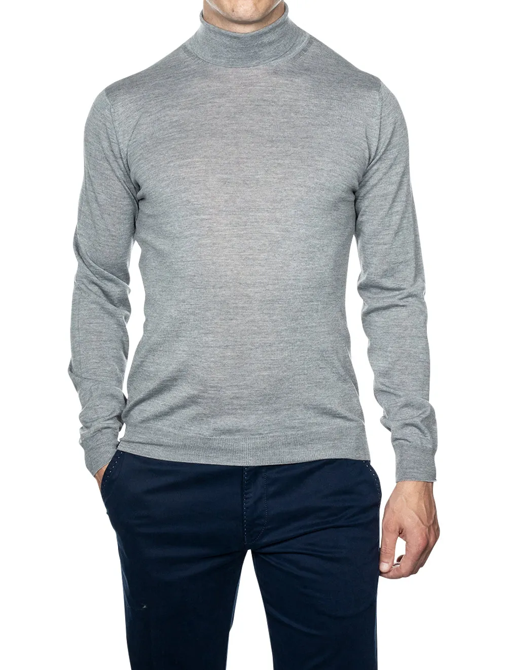 Grey Roll Neck Fine Merino Wool Jumper