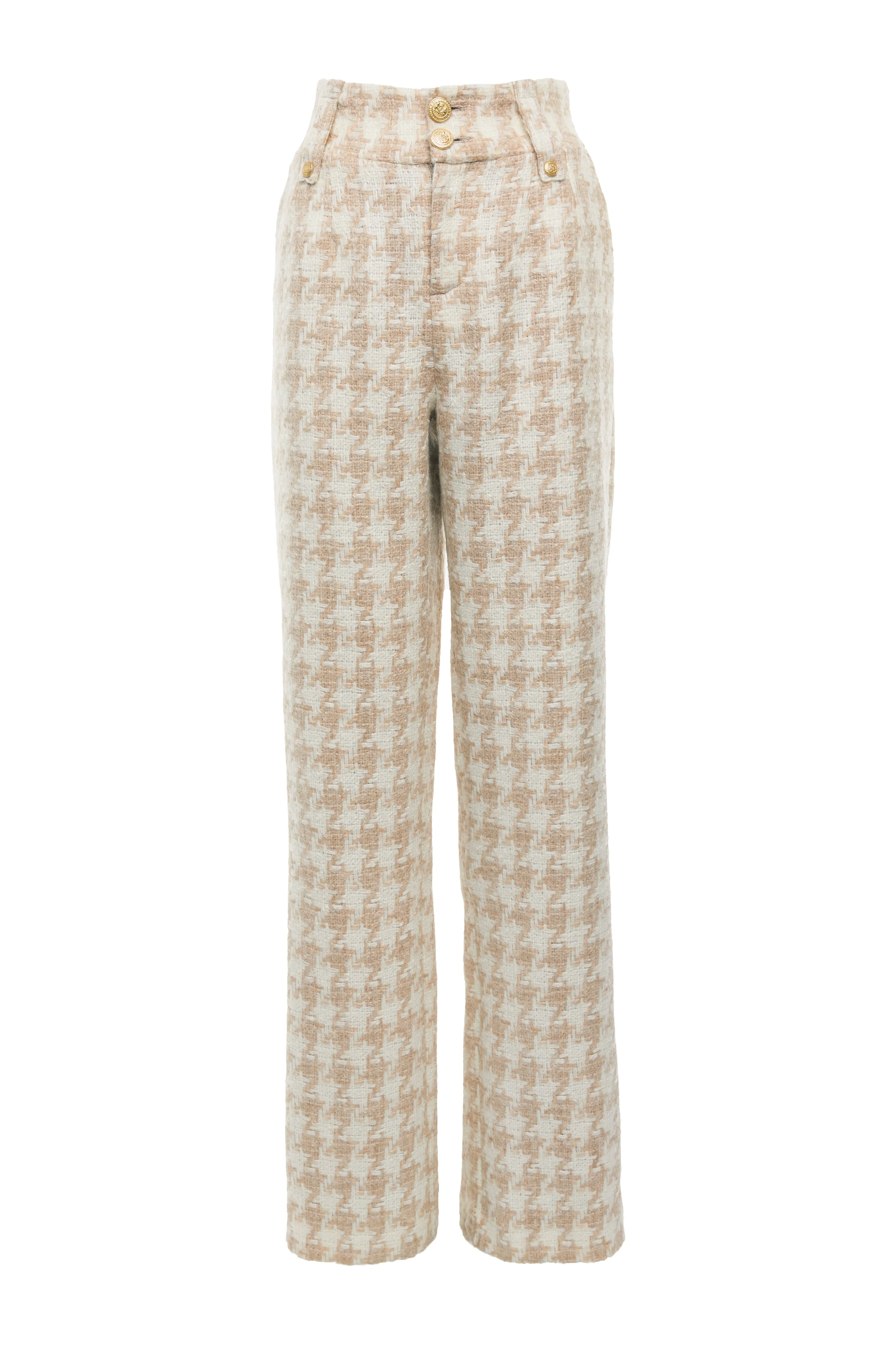 High Waisted Straight Trouser (Camel Houndstooth)