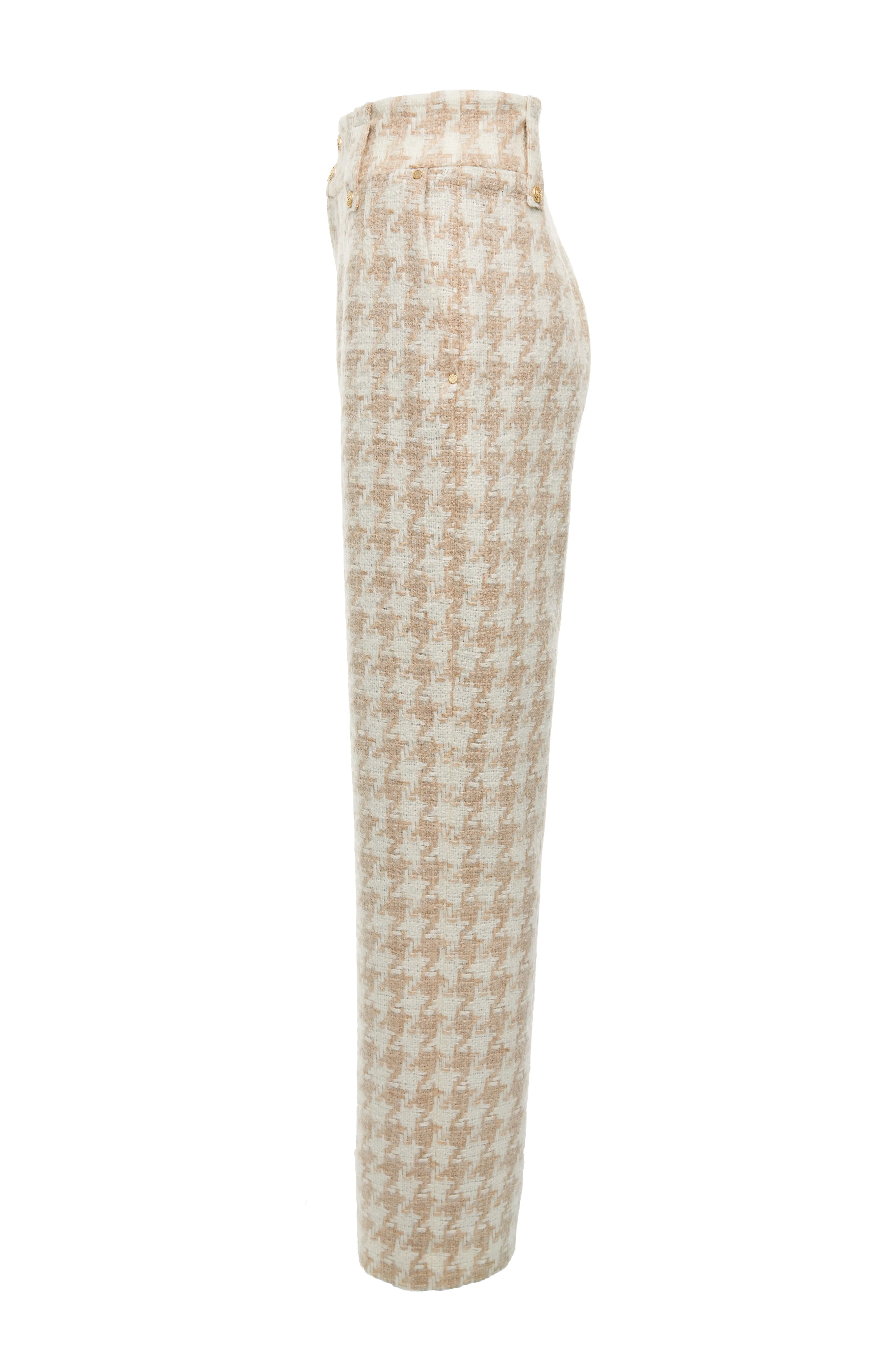 High Waisted Straight Trouser (Camel Houndstooth)