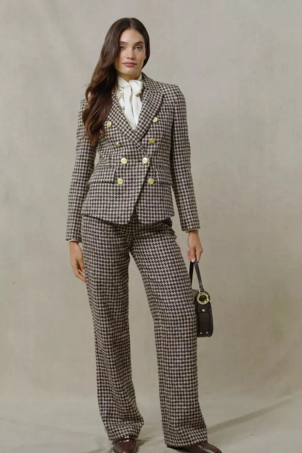 High Waisted Straight Trouser (Coffee Houndstooth)