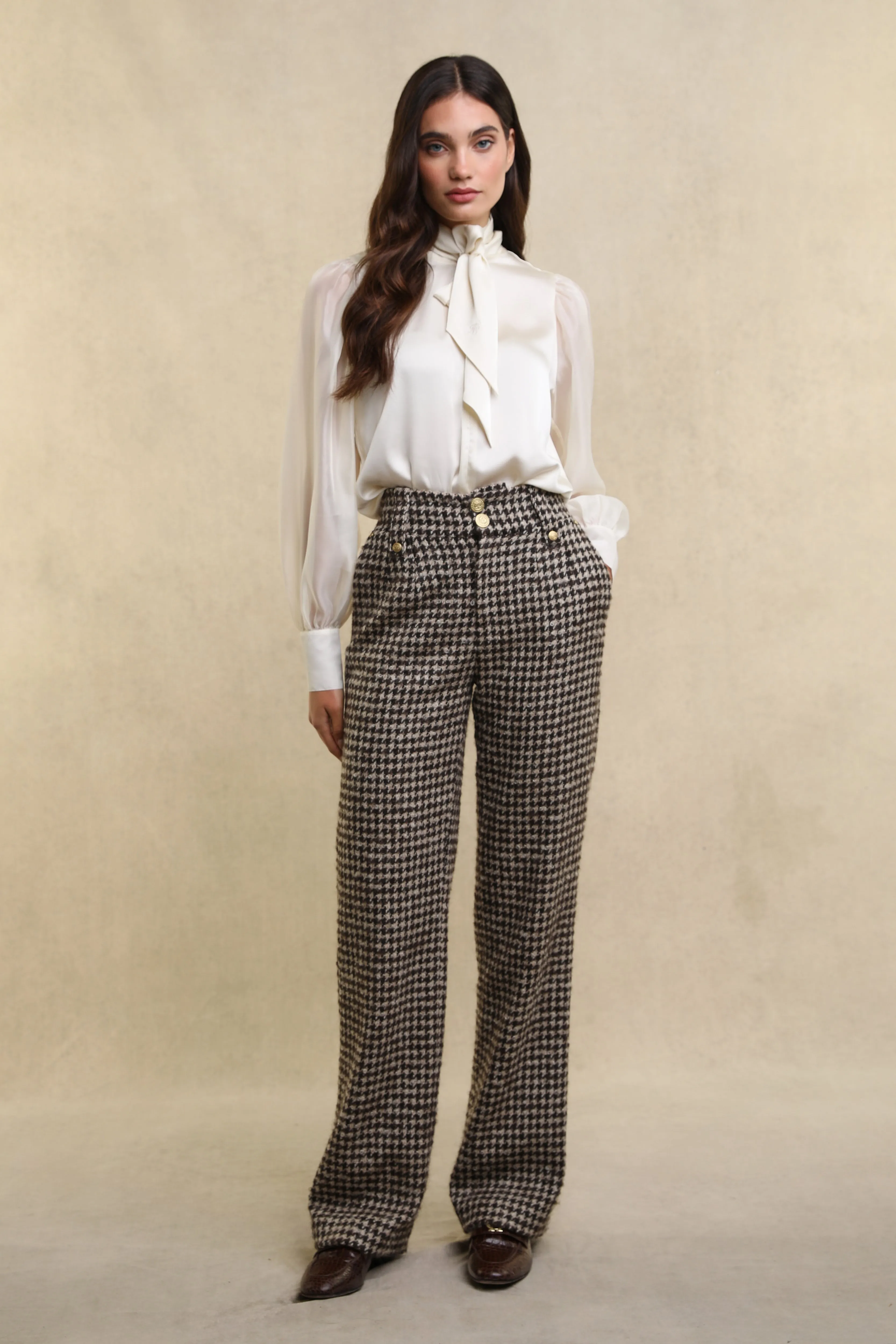 High Waisted Straight Trouser (Coffee Houndstooth)