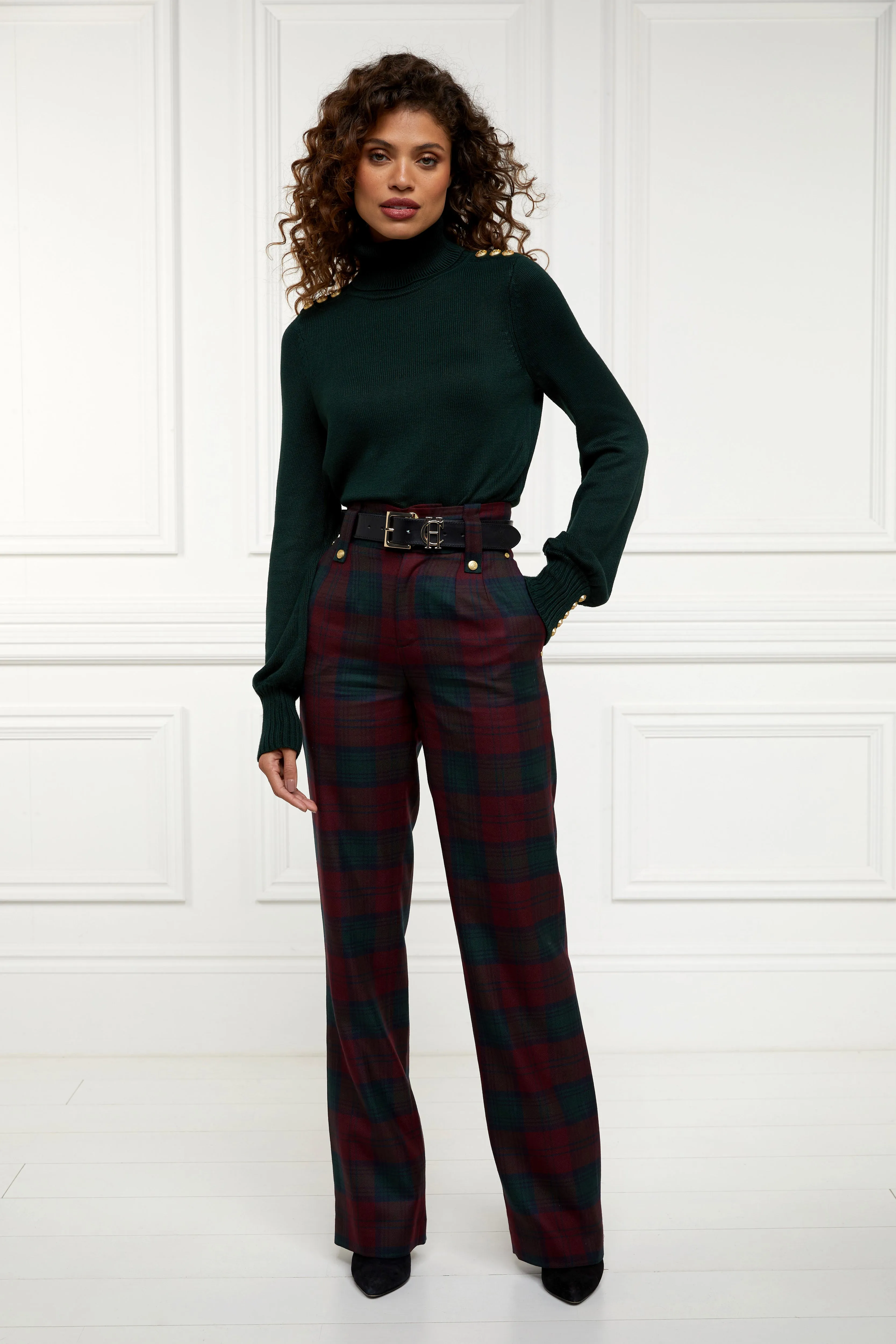 High Waisted Straight Trouser (Mulberry Tartan)