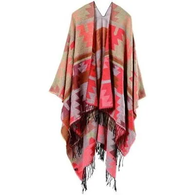 Imitation Cashmere Geometric Tassel Poncho For Women Winter Warm Knitted Shawl Wrap Comfortable Thick