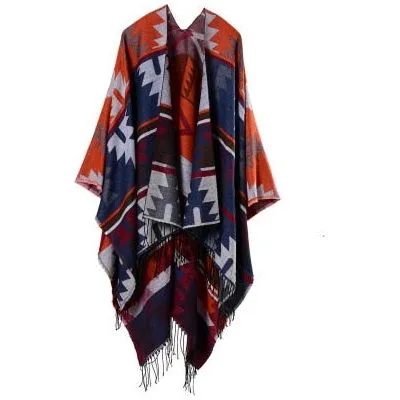 Imitation Cashmere Geometric Tassel Poncho For Women Winter Warm Knitted Shawl Wrap Comfortable Thick