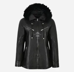 ISABEL Fur Hooded Leather Jacket For Women Parka Style Leather Jacket