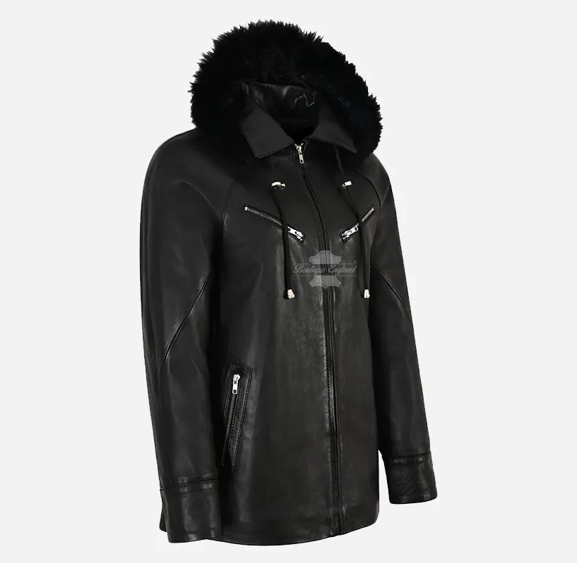 ISABEL Fur Hooded Leather Jacket For Women Parka Style Leather Jacket