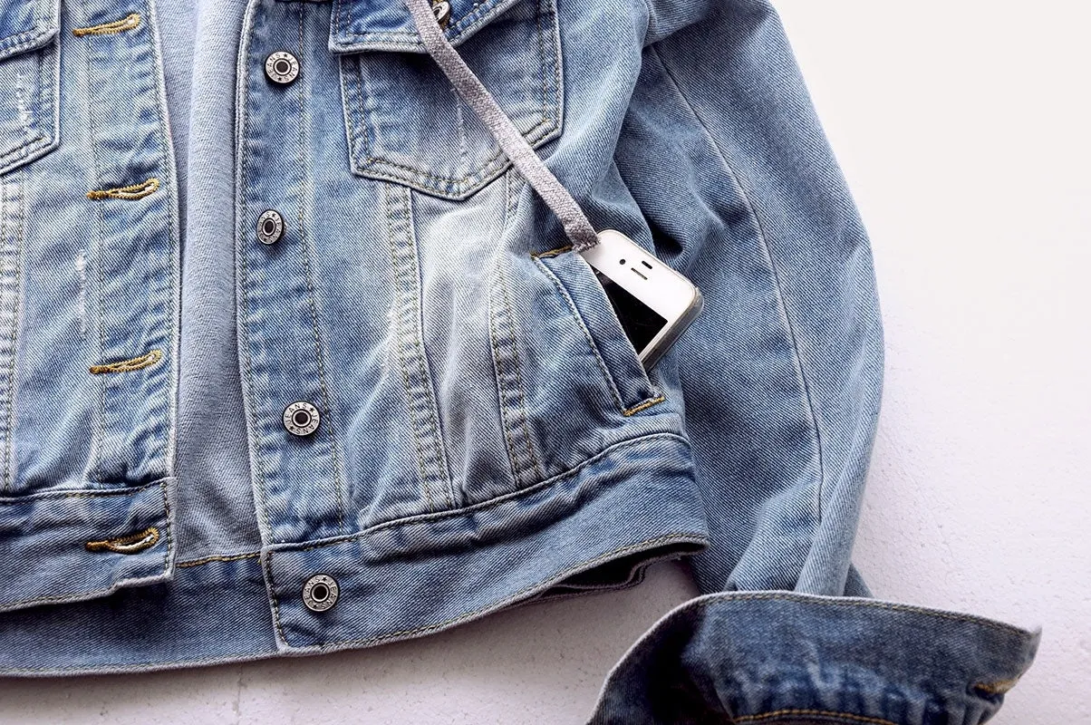 Jean Jacket With Gray Sweat Jacket Drawstring Hoodie Faded Denim Or Dark Blue Available In Sizes Small Medium Large XL And Plus Sizes 2X 3X And 4X