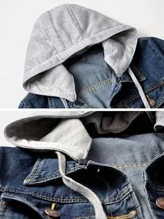 Jean Jacket With Gray Sweat Jacket Drawstring Hoodie Faded Denim Or Dark Blue Available In Sizes Small Medium Large XL And Plus Sizes 2X 3X And 4X