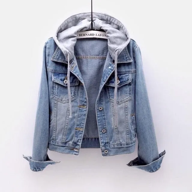 Jean Jacket With Gray Sweat Jacket Drawstring Hoodie Faded Denim Or Dark Blue Available In Sizes Small Medium Large XL And Plus Sizes 2X 3X And 4X