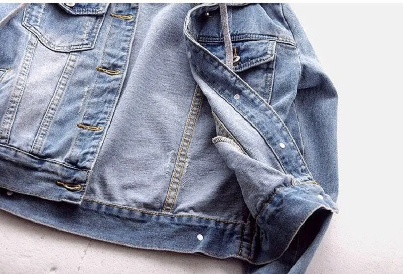 Jean Jacket With Gray Sweat Jacket Drawstring Hoodie Faded Denim Or Dark Blue Available In Sizes Small Medium Large XL And Plus Sizes 2X 3X And 4X