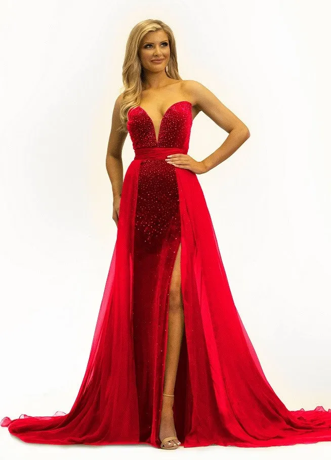 Johnathan Kayne 2306 Long Prom Evening Pageant Dress Strapless Embellished Velvet Overskirt Formal