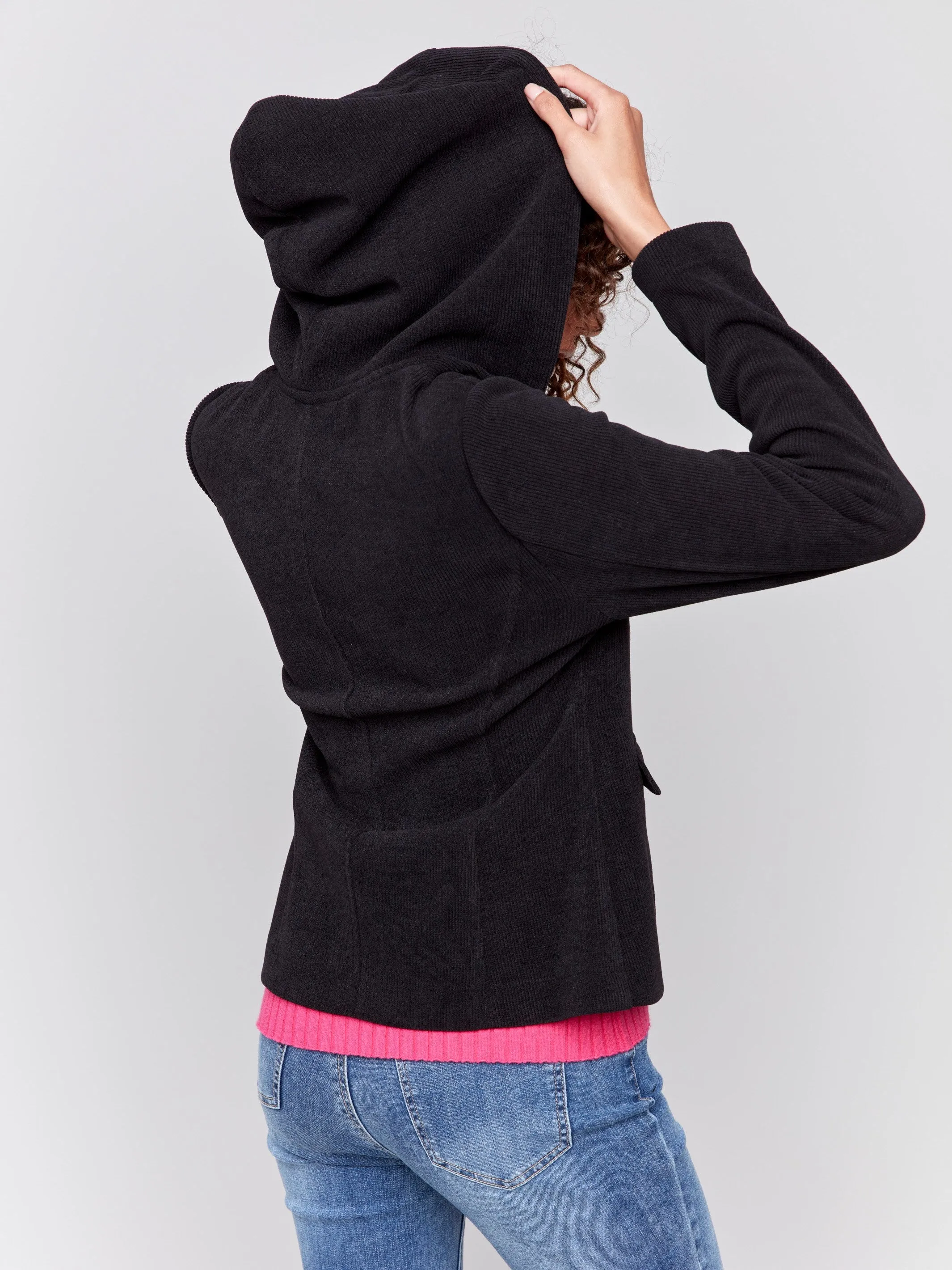 Knit Corduroy Blazer with Hood - Black