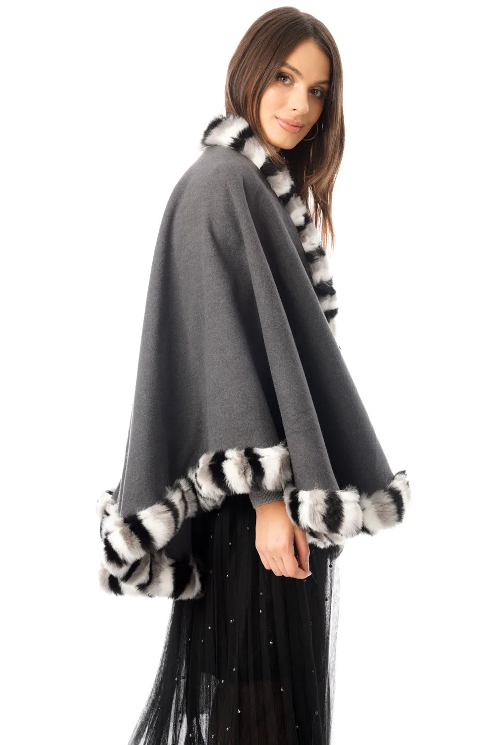 Knitted Faux Fur Swing Poncho Cape with Duo Colour Fur Trim