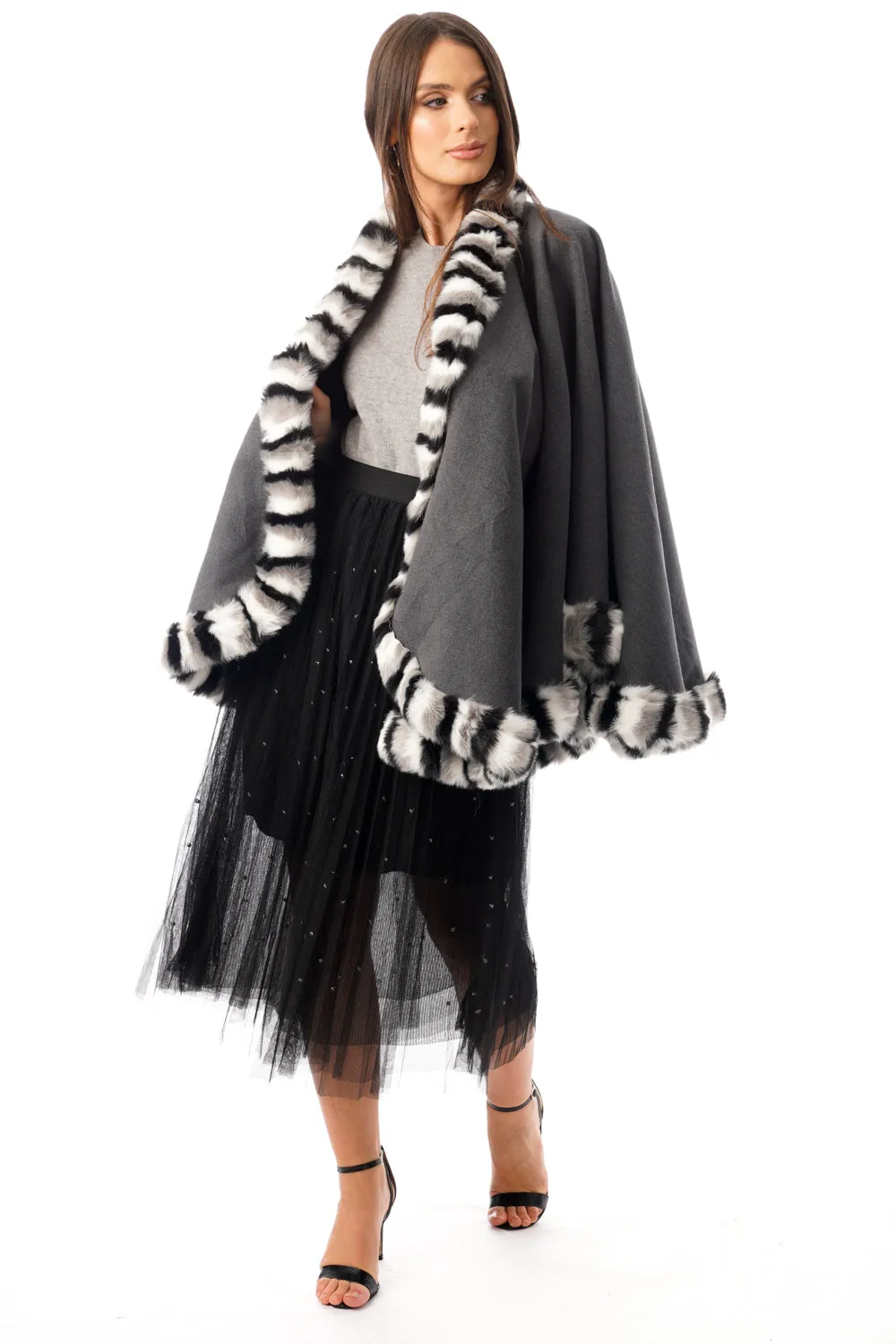 Knitted Faux Fur Swing Poncho Cape with Duo Colour Fur Trim