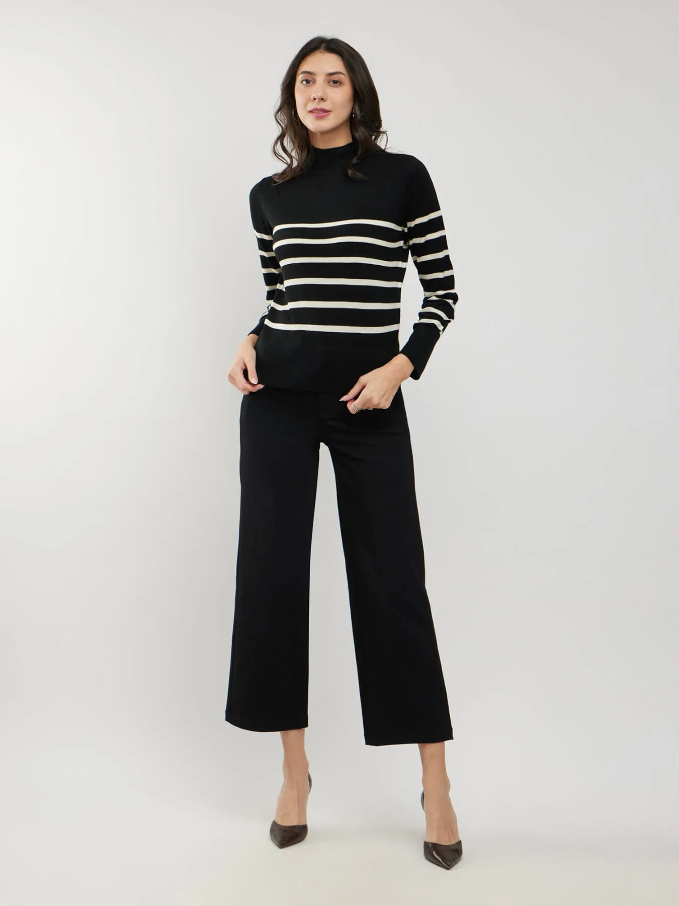 LivSoft High Neck Striped Sweater - Black