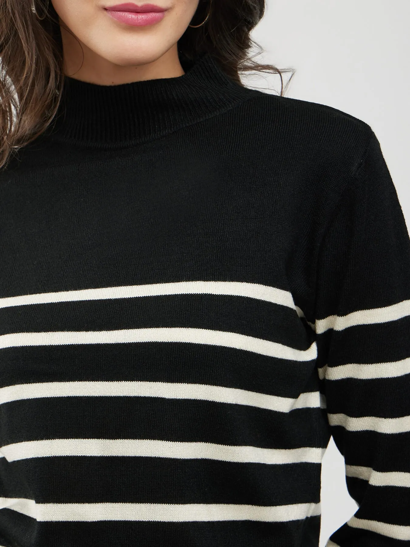 LivSoft High Neck Striped Sweater - Black