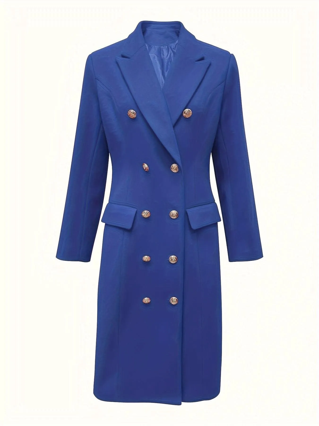 Long Sleeve Elegant Double-Breasted Notched Collar Coat - Timeless & Sophisticated Solid Design