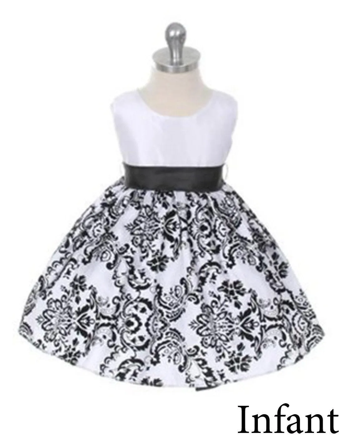 Lovely Dress with Black Velvet Flocked Damask On White Taffeta - Black