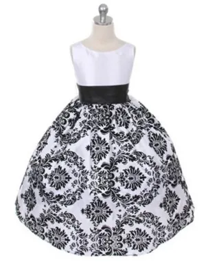 Lovely Dress with Black Velvet Flocked Damask On White Taffeta - Black