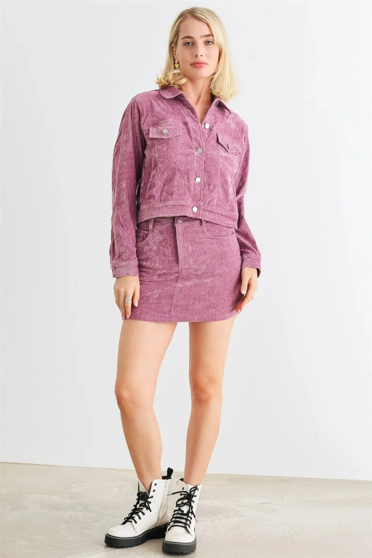 Mauve Velvet Button-Up Four Pocket Jacket & High Waist Mini Skirt Set /1-2-2-1