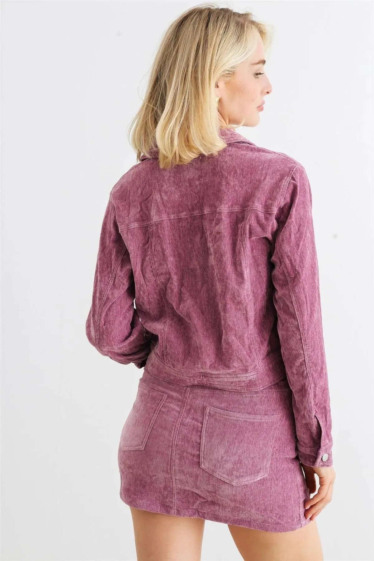 Mauve Velvet Button-Up Four Pocket Jacket & High Waist Mini Skirt Set /1-2-2-1