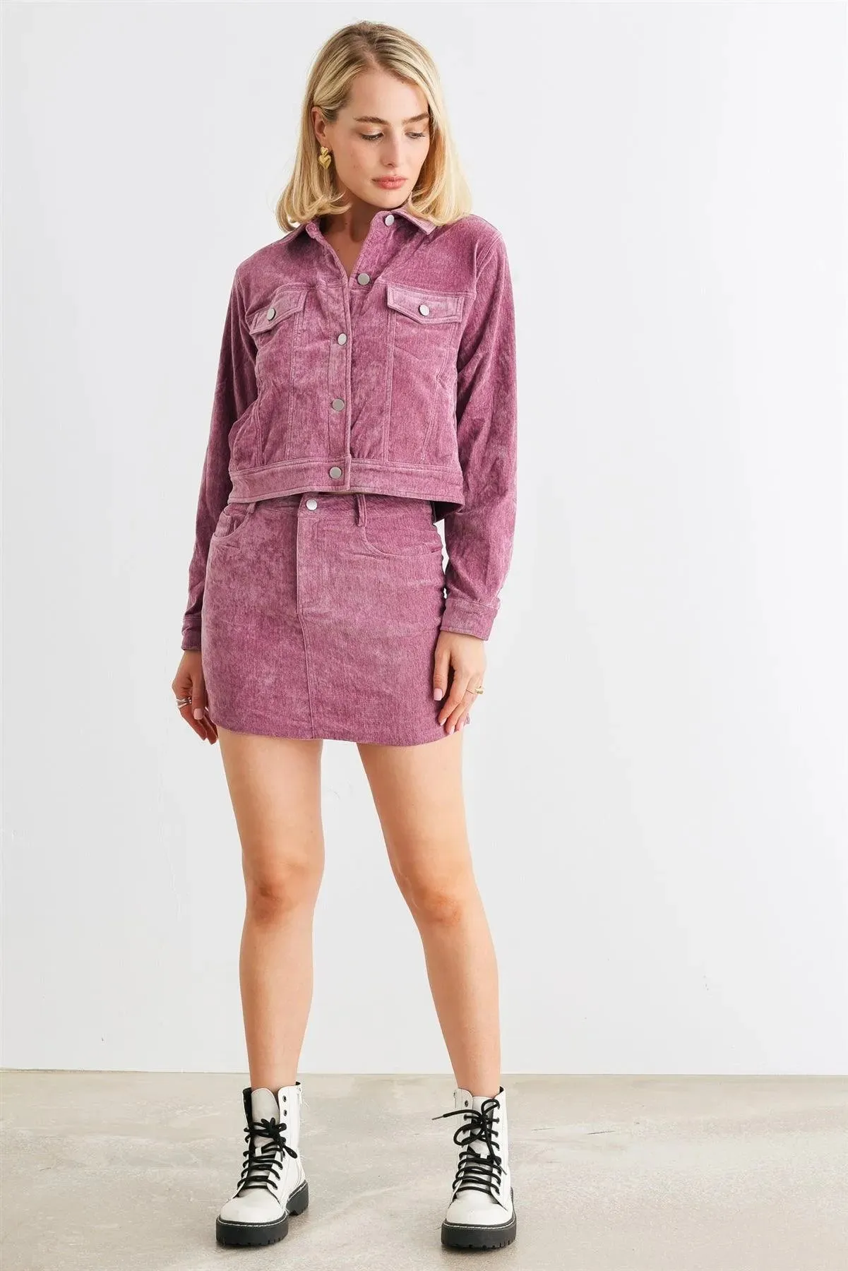 Mauve Velvet Button-Up Four Pocket Jacket & High Waist Mini Skirt Set /1-2-2-1