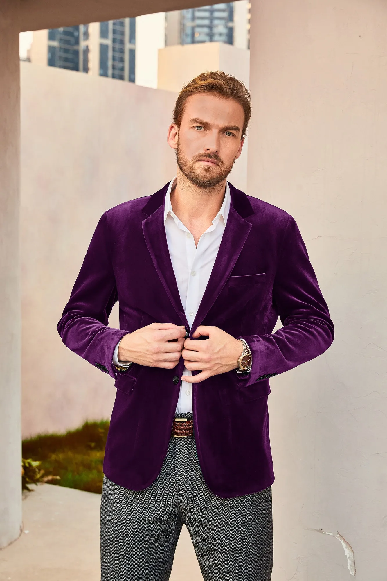 Men Velvet Party Blazer Stylish Notch Lapel Two Buttons Blazer Casual Coat