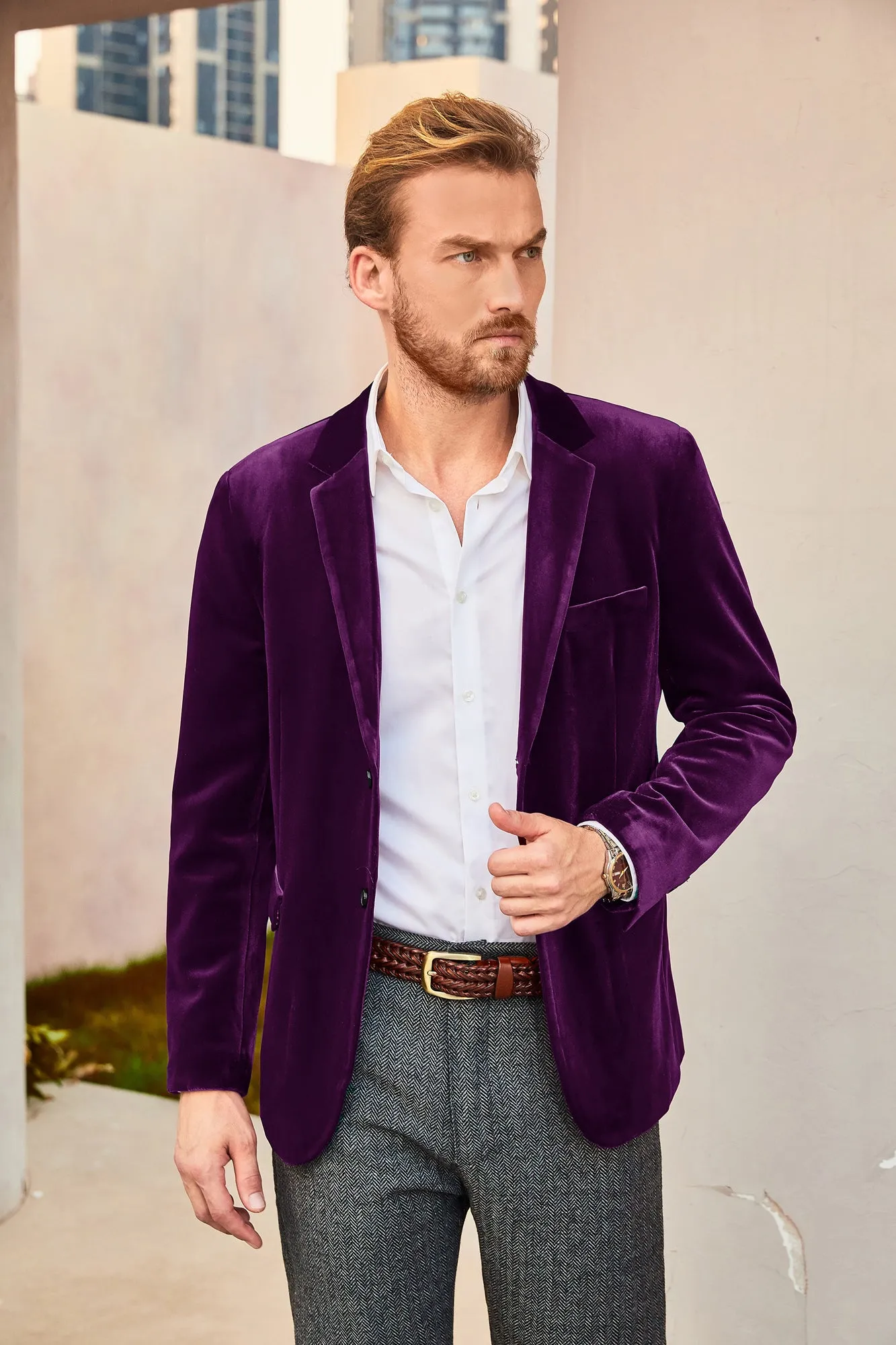 Men Velvet Party Blazer Stylish Notch Lapel Two Buttons Blazer Casual Coat