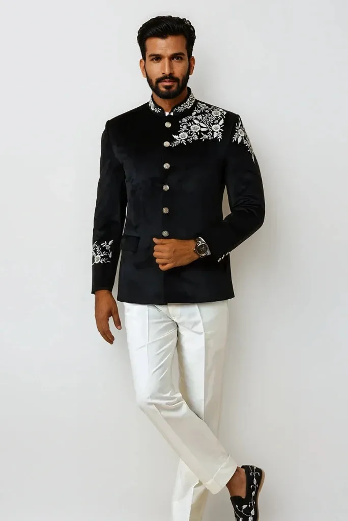 Mens Black Velvet Designer Embroidery Jodhpuri Bandhgala Suit Wedding Party Reception & Events Festive Wear