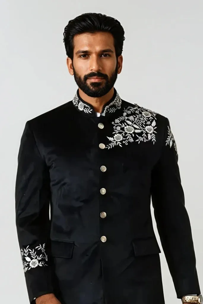 Mens Black Velvet Designer Embroidery Jodhpuri Bandhgala Suit Wedding Party Reception & Events Festive Wear