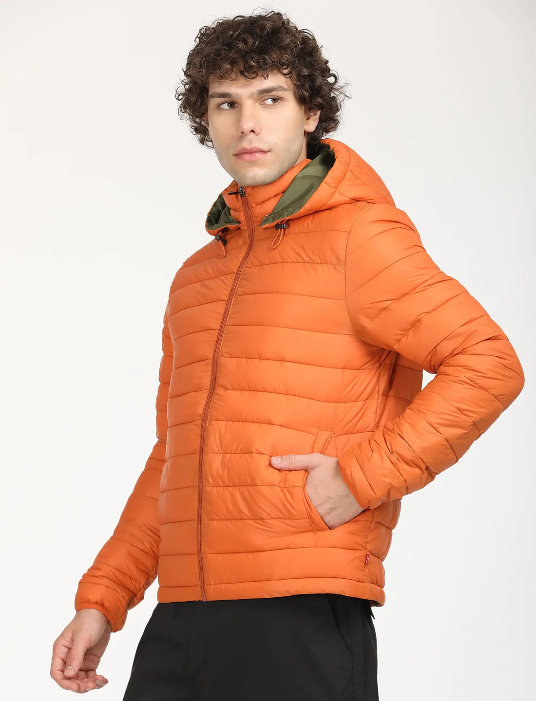 Men's Quilted Orange Hooded Puffer Jacket