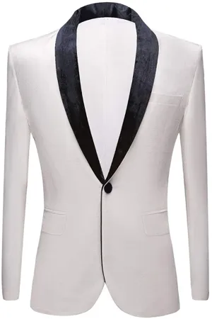 Men's White Fashion Velvet w/Black Trim Long Sleeve Blazer