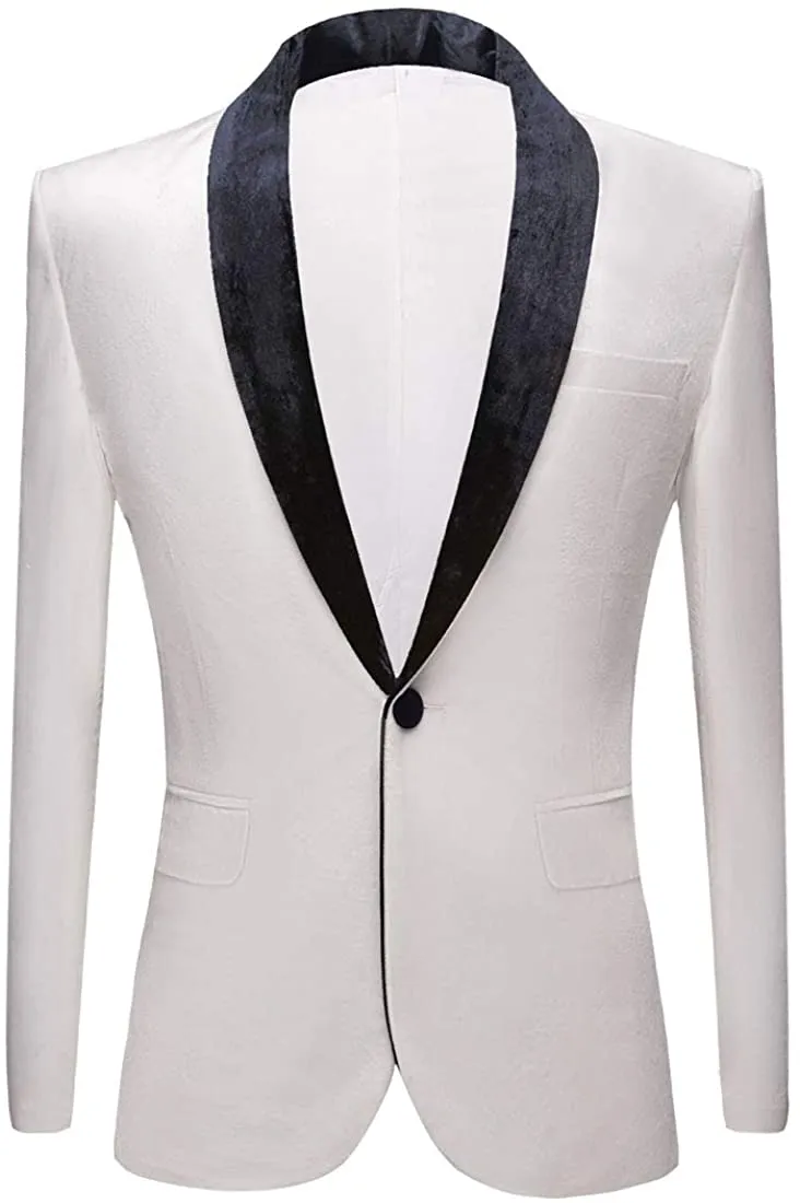 Men's White Fashion Velvet w/Black Trim Long Sleeve Blazer