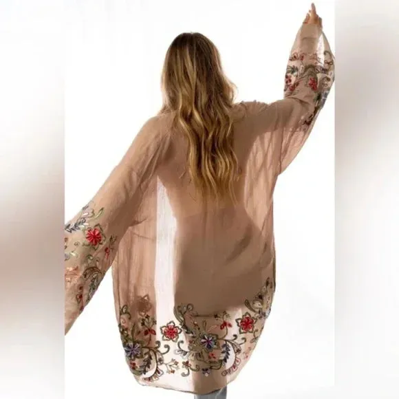 Mocha Longline Floral Embroidered Kimono Open Wrap Cardigan Top One Size