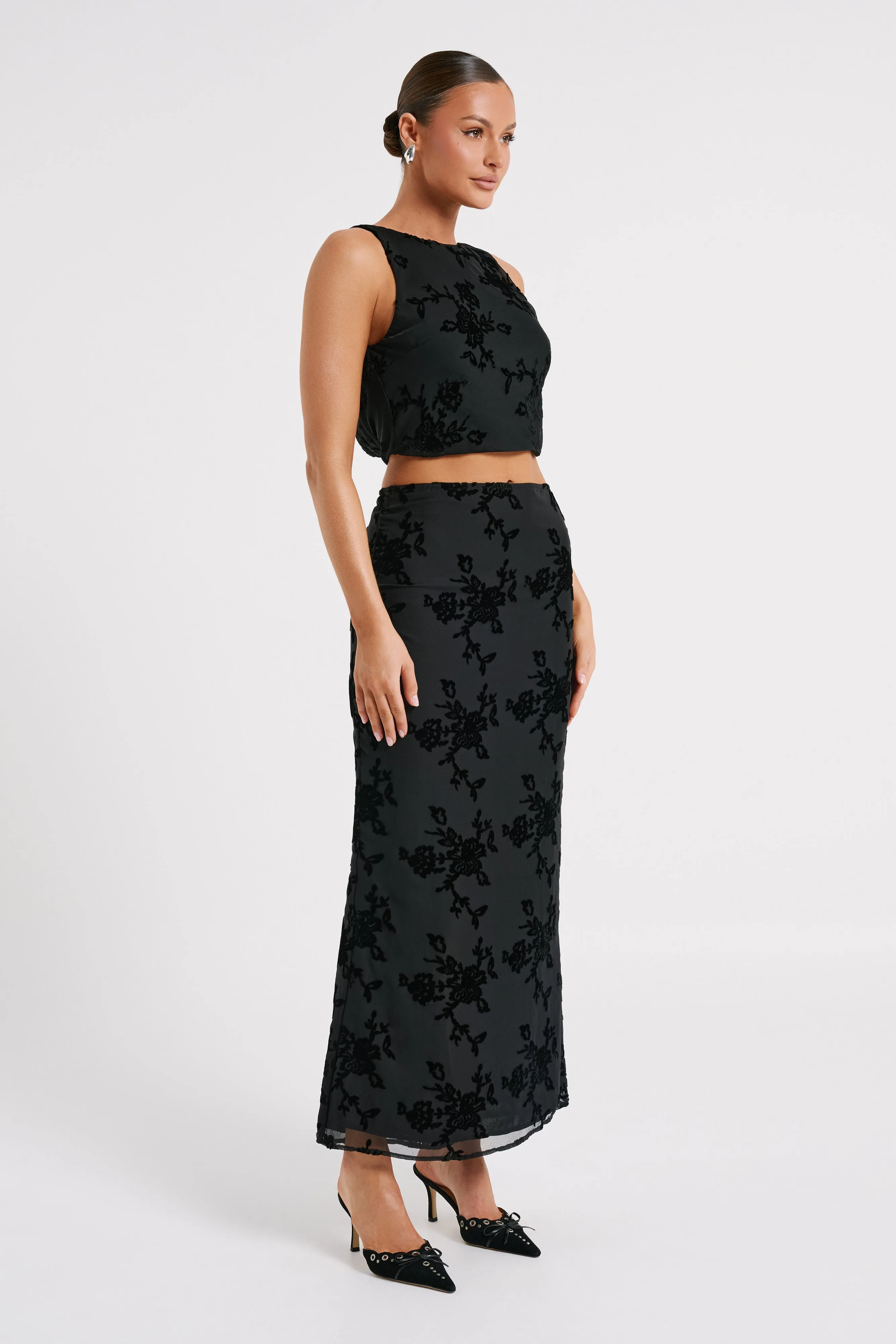 Mona Burnout Velvet Maxi Skirt - Black