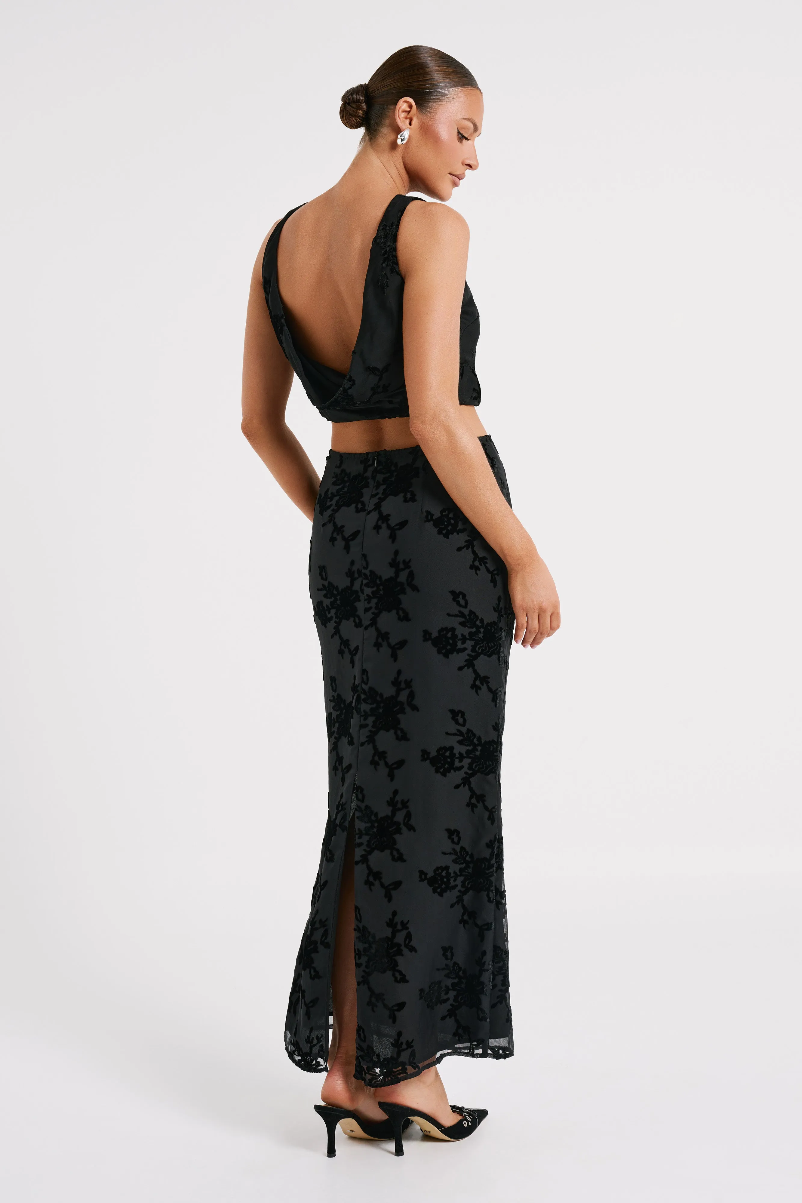 Mona Burnout Velvet Maxi Skirt - Black