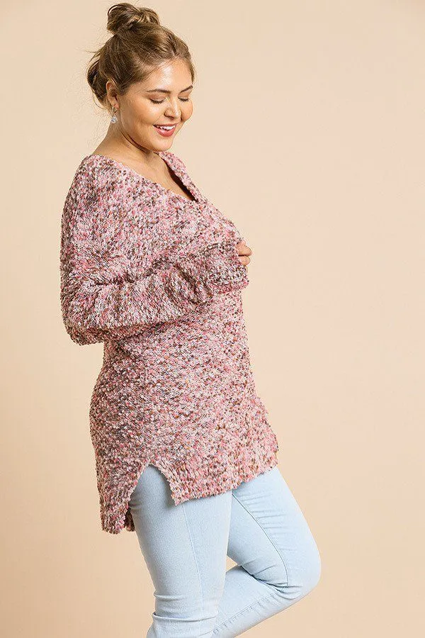 Multicolor Long Sleeve V-neck Soft Knit Pullover Tunic Sweater