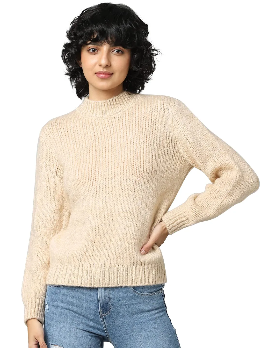 Only Women's Acrylic Blend Pullover Sweater (15271463-Tapioca_High-Neck_M) Beige