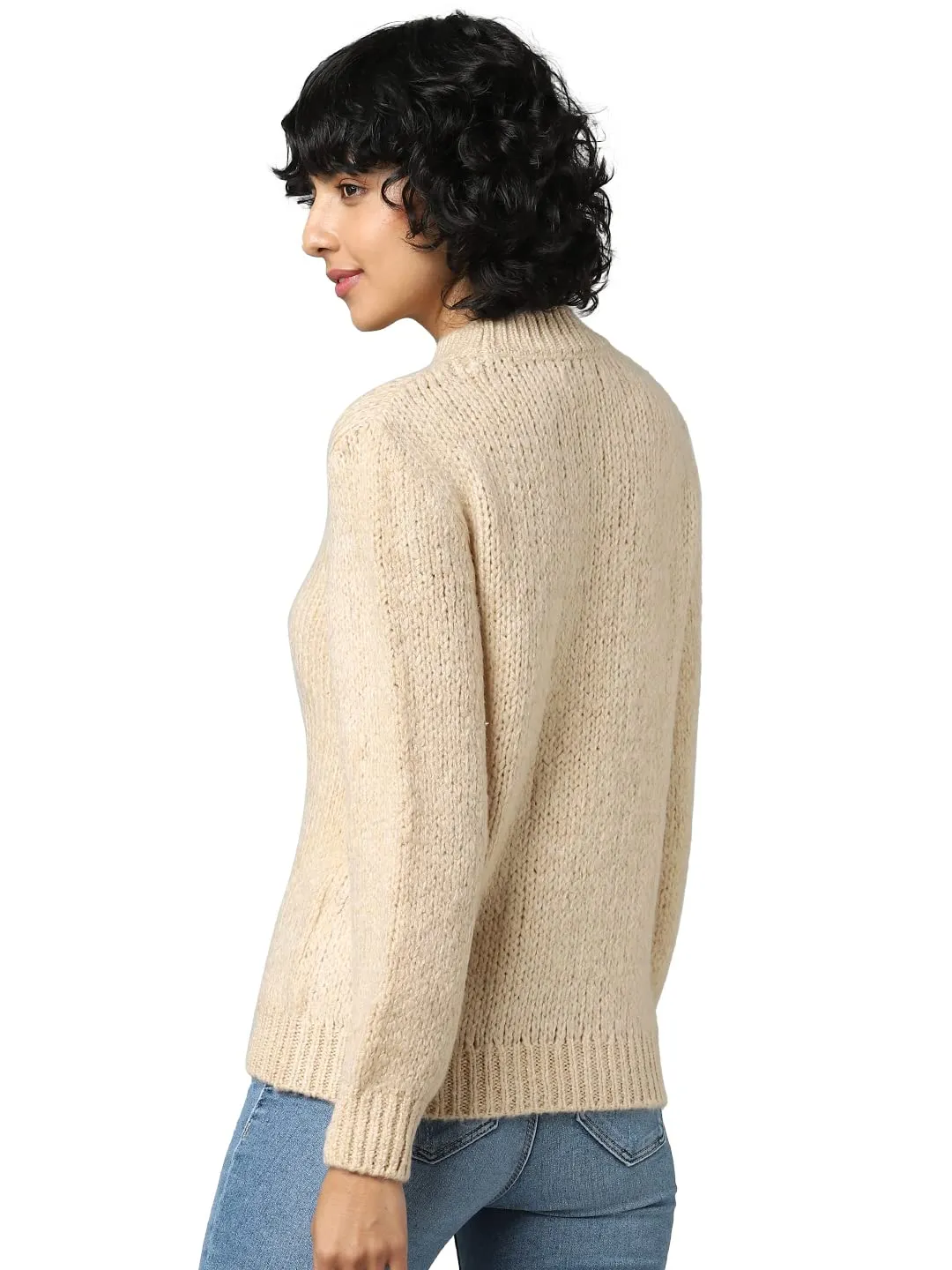 Only Women's Acrylic Blend Pullover Sweater (15271463-Tapioca_High-Neck_M) Beige