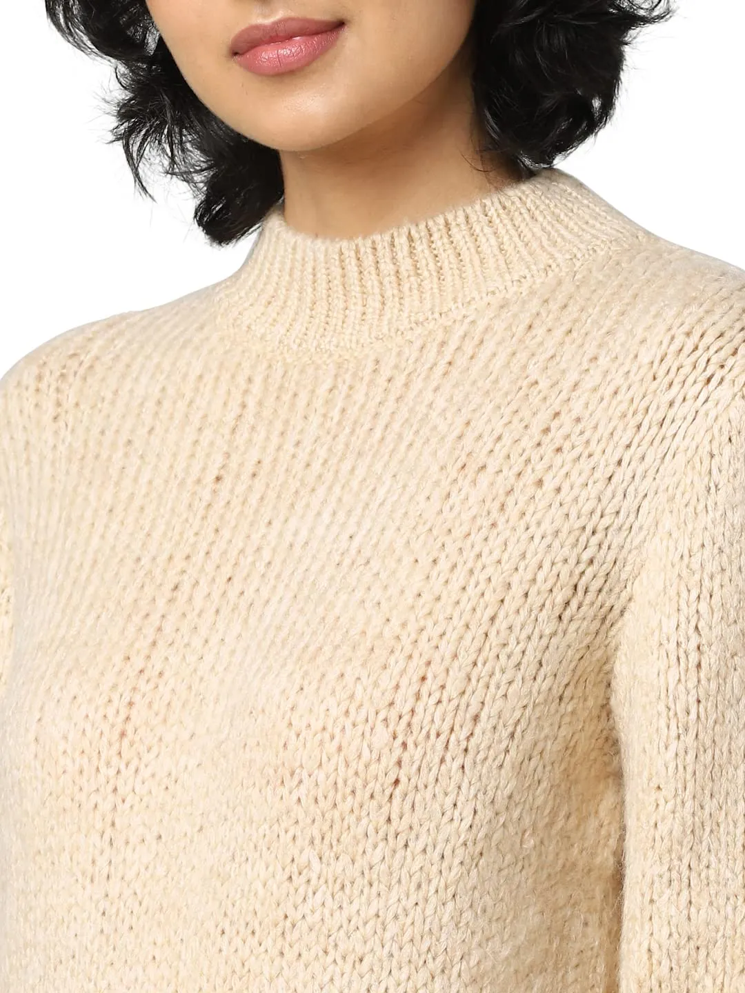 Only Women's Acrylic Blend Pullover Sweater (15271463-Tapioca_High-Neck_M) Beige