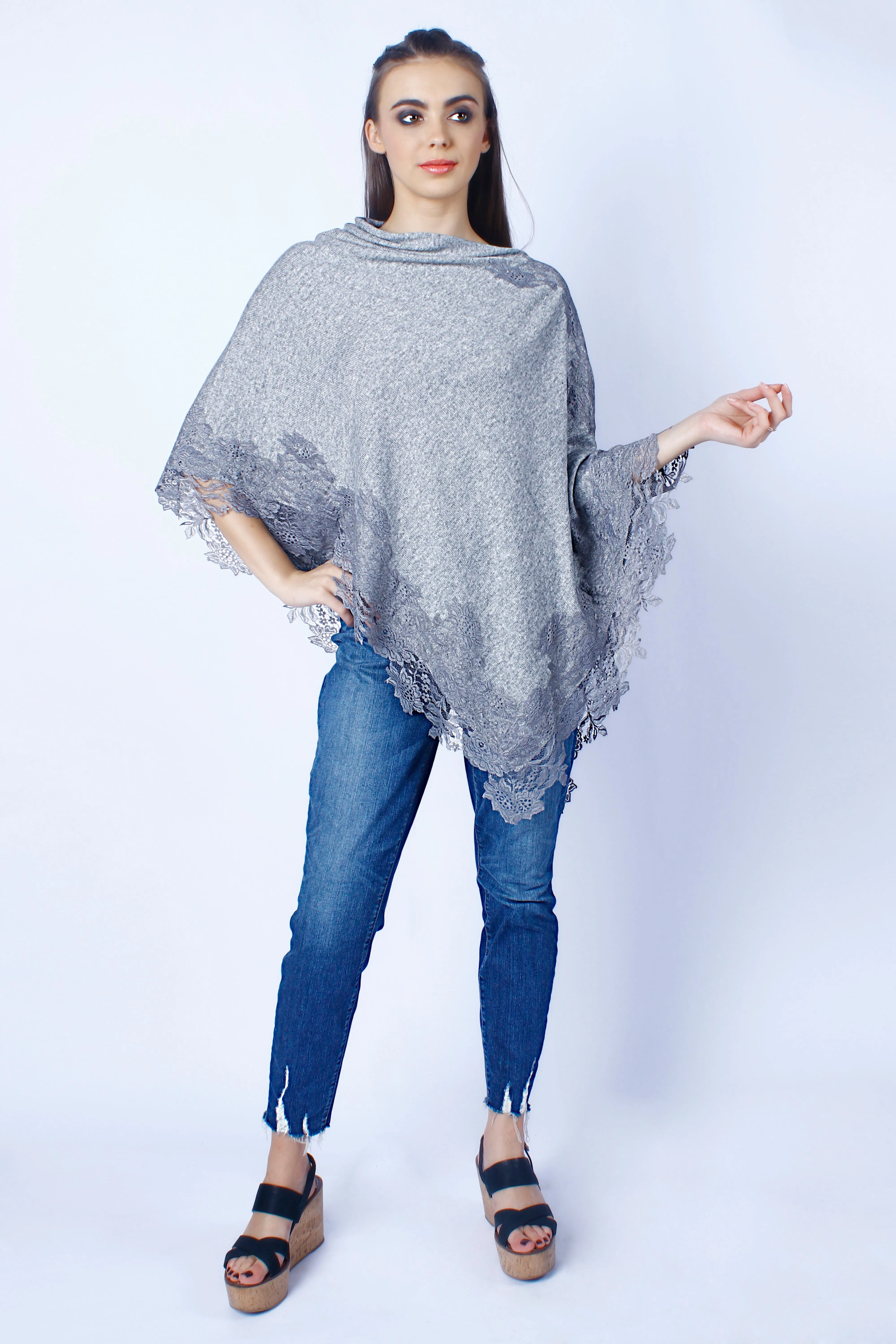 Petite Grey Melange Knitted Wool Poncho with Grey Floral Lace