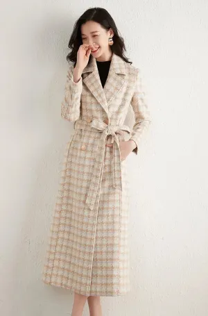 Plaid Double Breasted Wool Blend Long Coat