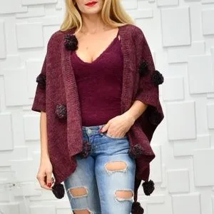 Playful Pom Pom Wrap Shrug Burgundy