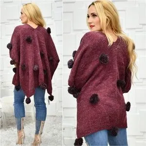 Playful Pom Pom Wrap Shrug Burgundy