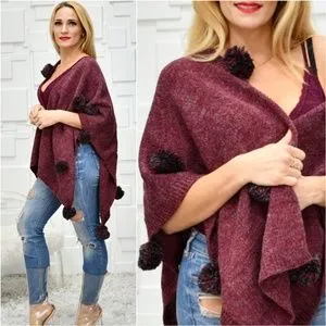 Playful Pom Pom Wrap Shrug Burgundy