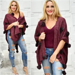 Playful Pom Pom Wrap Shrug Burgundy