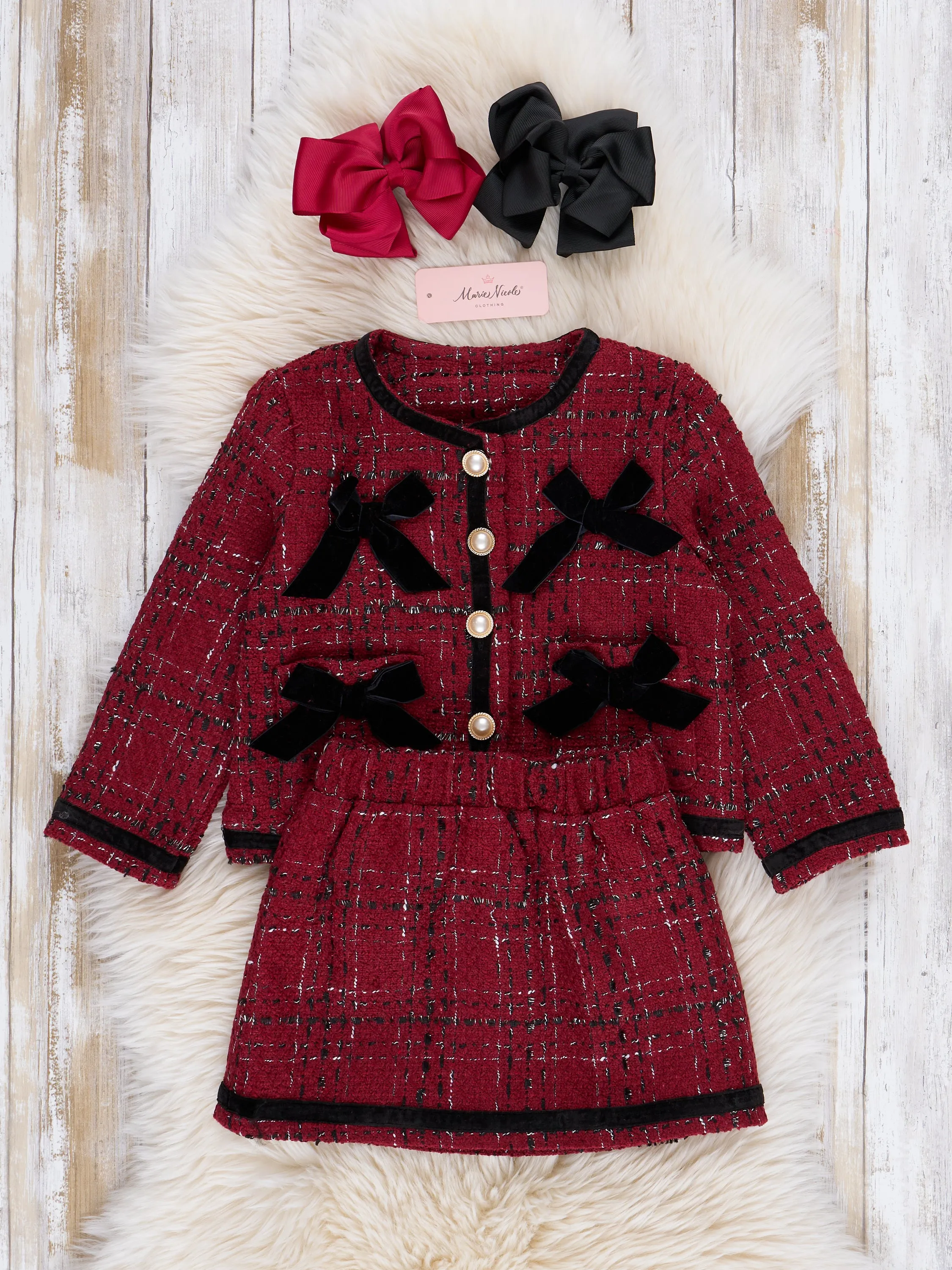 Red & Black Boucle Skirt Set